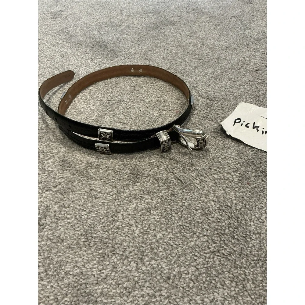 Vintage Black Segmented Leather Belt Silver-toned Floral Charms Women's Size M